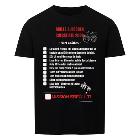 Produktbild "Malle Aufgaben Checkliste Flirt Edition" T-Shirt Unisex schwarz