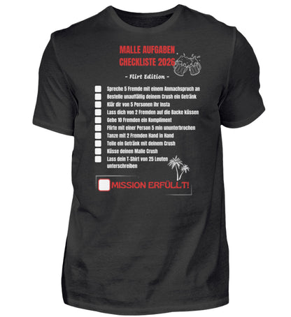 Produktbild "Malle Aufgaben Checkliste Flirt Edition" T-Shirt Unisex schwarz