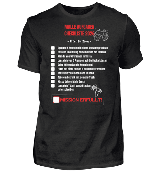 Produktbild "Malle Aufgaben Checkliste Flirt Edition" T-Shirt Unisex schwarz