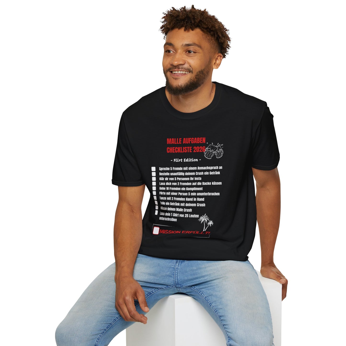 Produktbild "Malle Aufgaben Checkliste Flirt Edition" T-Shirt Unisex schwarz