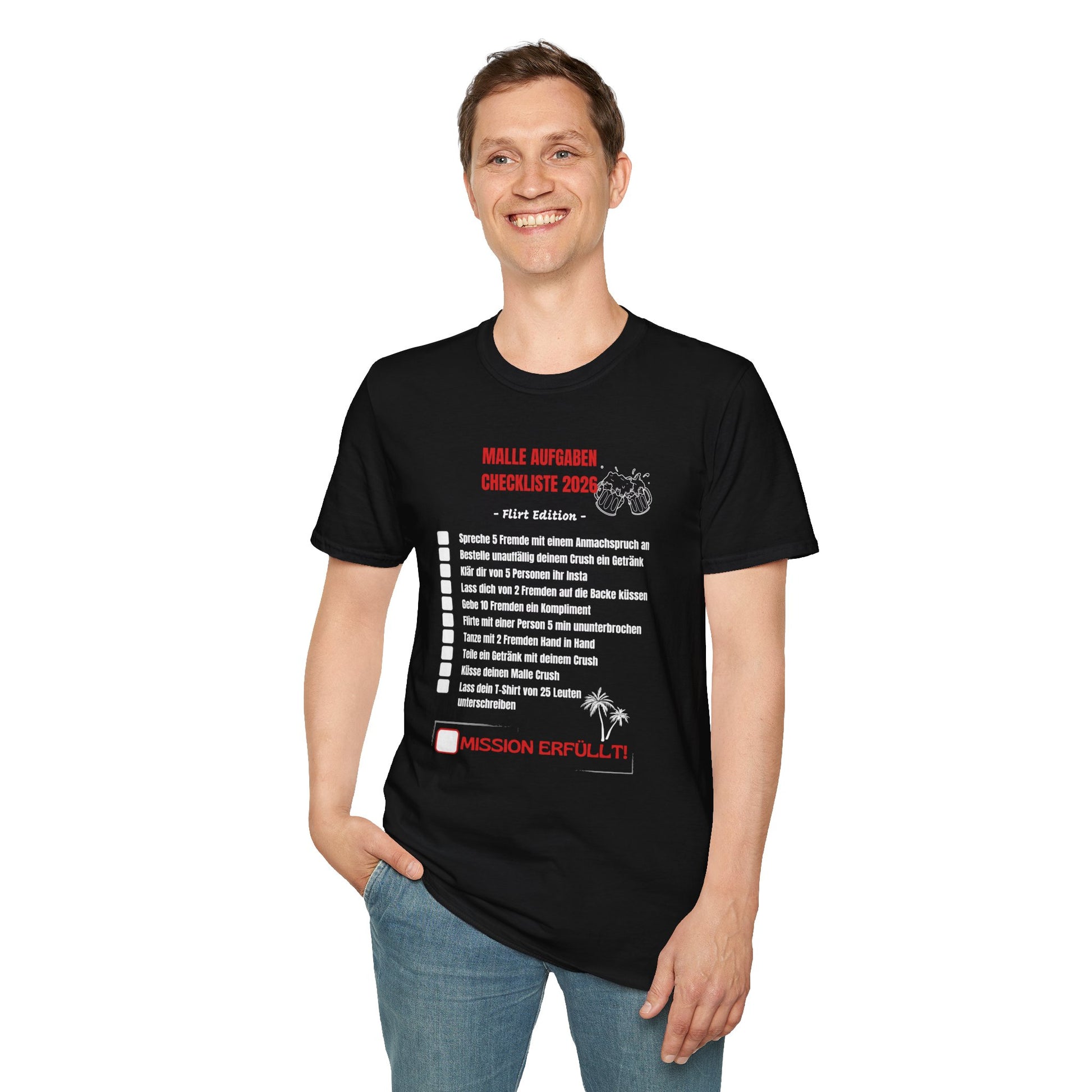 Produktbild "Malle Aufgaben Checkliste Flirt Edition" T-Shirt Unisex schwarz