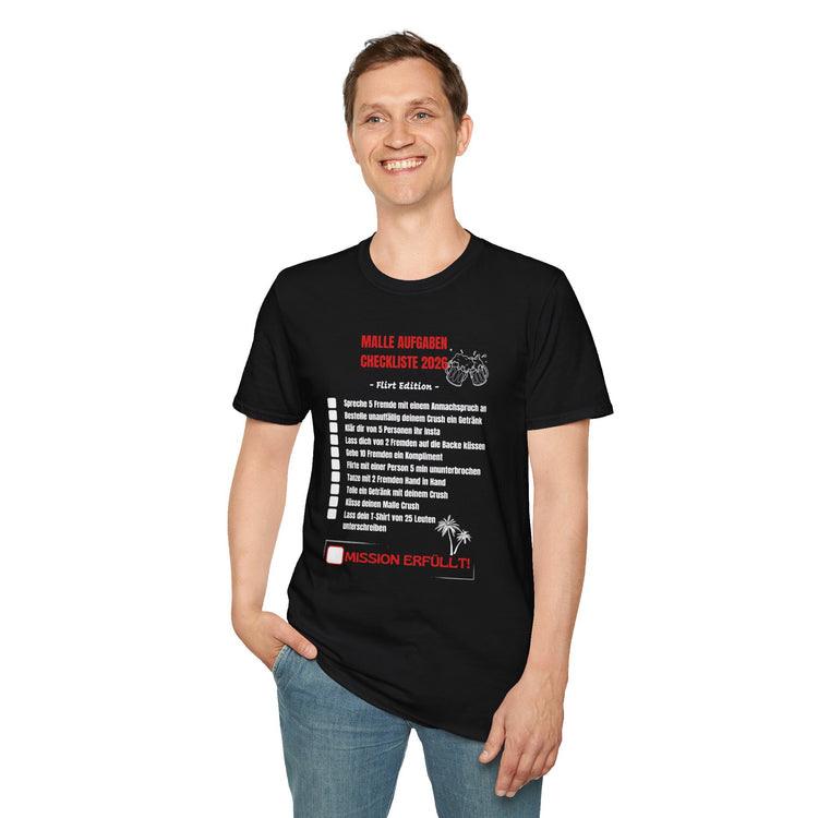 Produktbild "Malle Aufgaben Checkliste Flirt Edition" T-Shirt Unisex schwarz