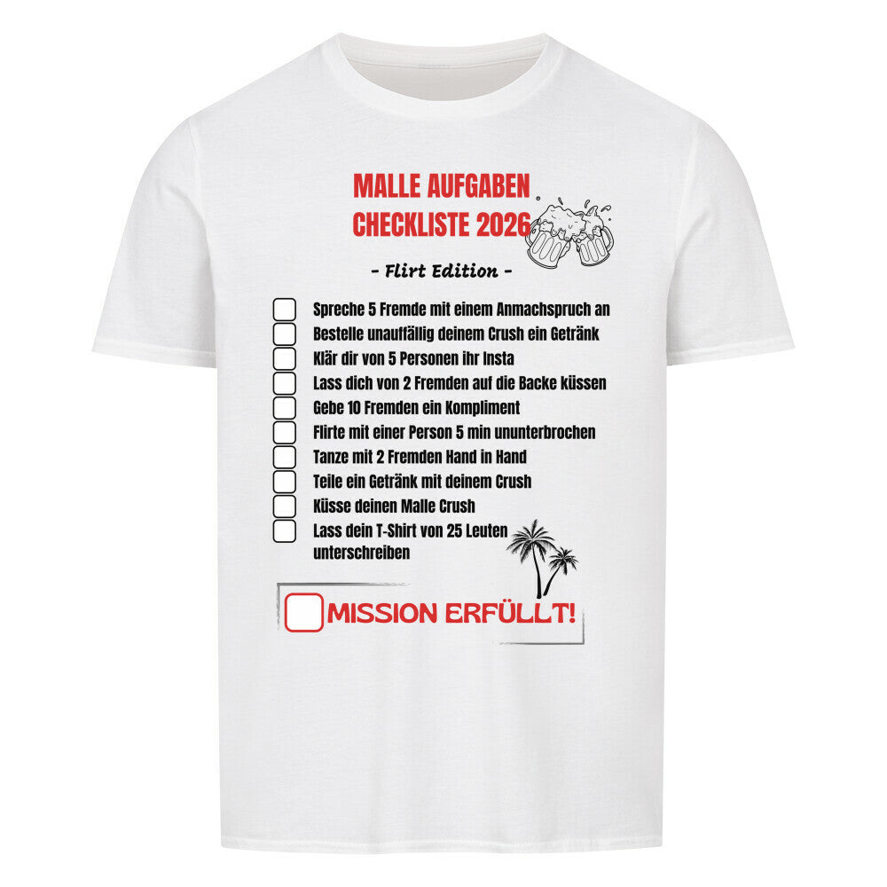 Produktbild "Malle Aufgaben Checkliste Flirt Edition" T-Shirt Unisex weiss