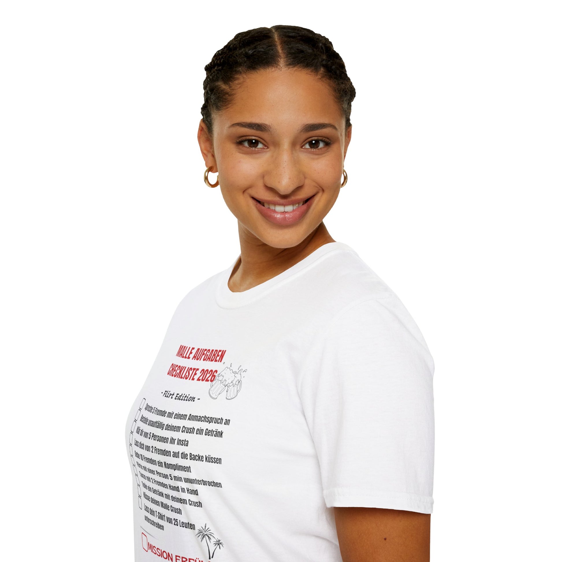 Produktbild "Malle Aufgaben Checkliste Flirt Edition" T-Shirt Unisex weiss