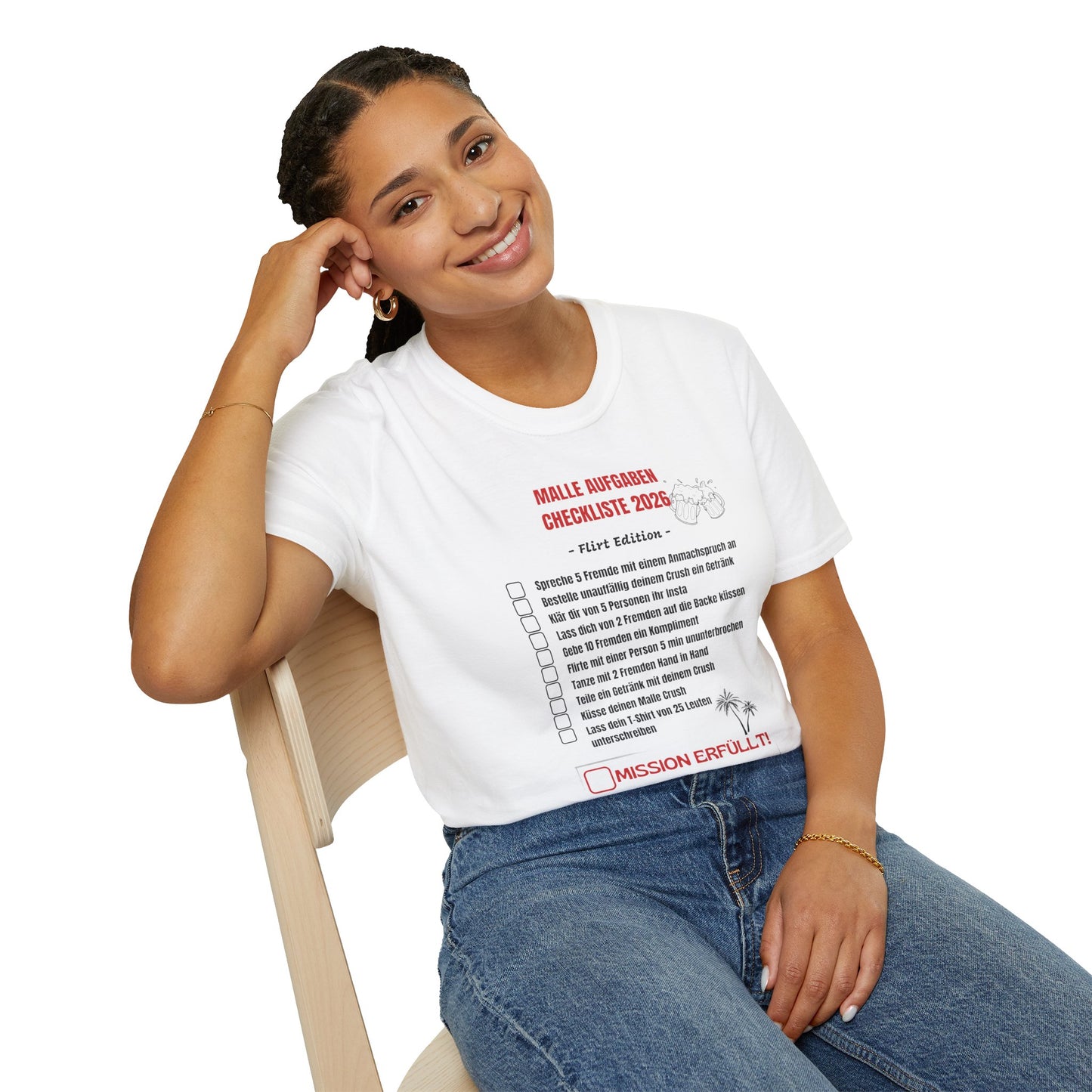 Produktbild "Malle Aufgaben Checkliste Flirt Edition" T-Shirt Unisex weiss
