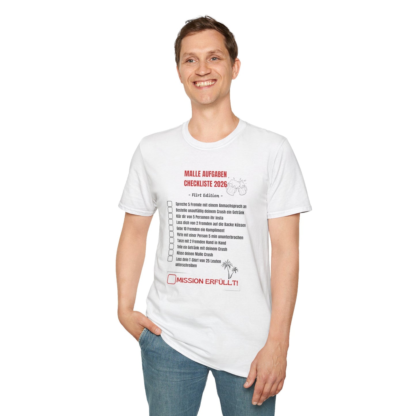 Produktbild "Malle Aufgaben Checkliste Flirt Edition" T-Shirt Unisex weiss